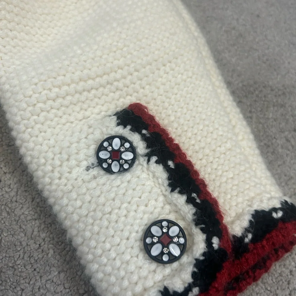 Cream Knit Cardigan with Red and Black Trim Diamond buttons size M - Picture 4 of 4